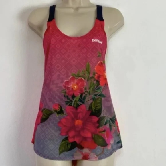 Desigual Pink Floral Burnout Tank Top Relaxed Tunic Lightweight Medium - Picture 1 of 5